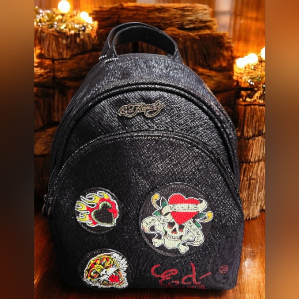 NEW Ed Hardy Black Women's Bag Backpack with Patches 12"x9"x5" NWT - Picture 4 of 7